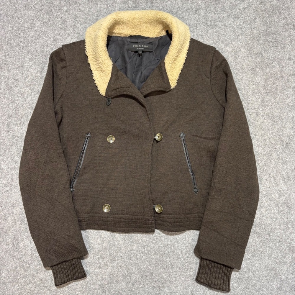 Rag & Bone Brown Knit Shearling Collar Jacket Leather Trim Double Breasted M